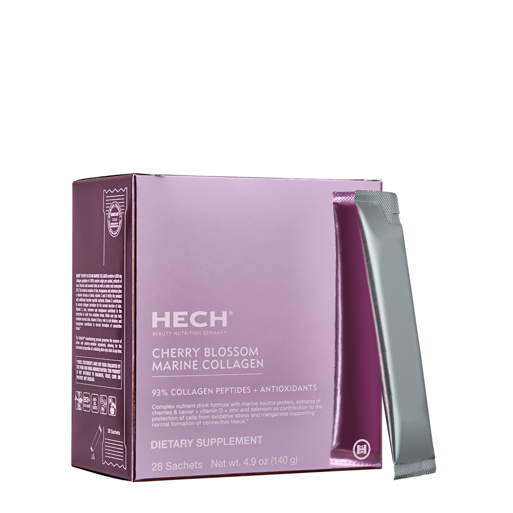 HECH Cherry Blossom Marine Collagen supplement box with collagen sachets