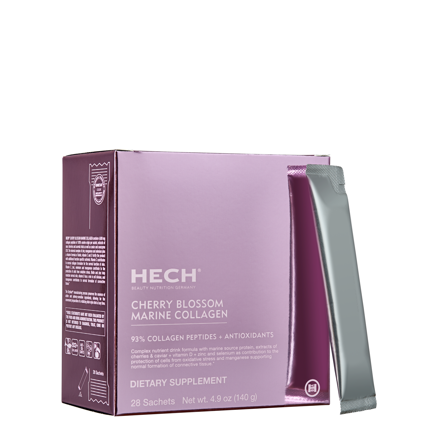 HECH Cherry Blossom Marine Collagen supplement box with collagen sachets