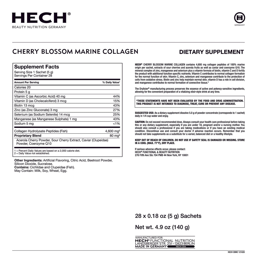 HECH Cherry Blossom Marine Collagen supplement label with nutritional information and product details.