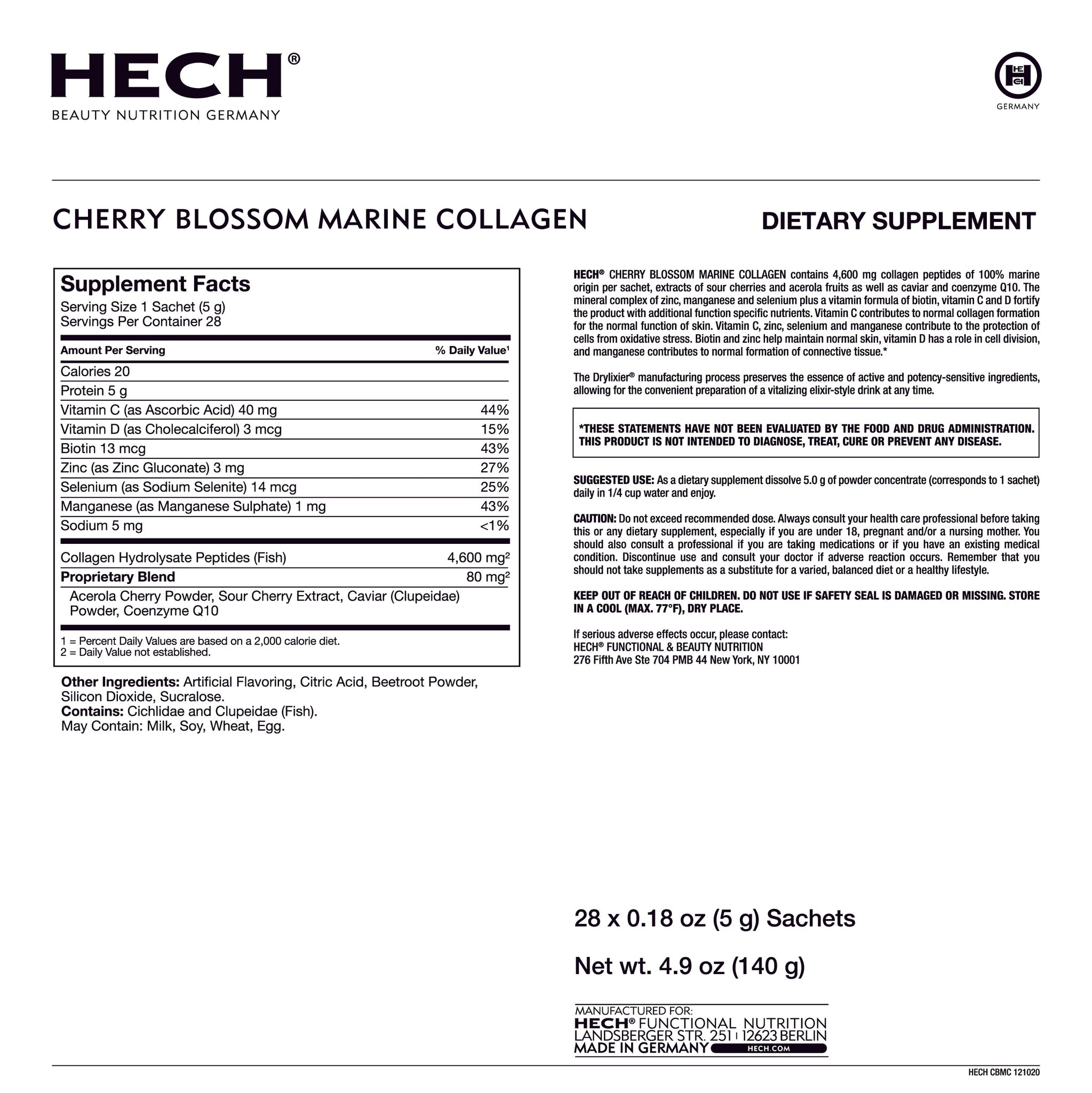 HECH Cherry Blossom Marine Collagen supplement label with nutritional information and product details.