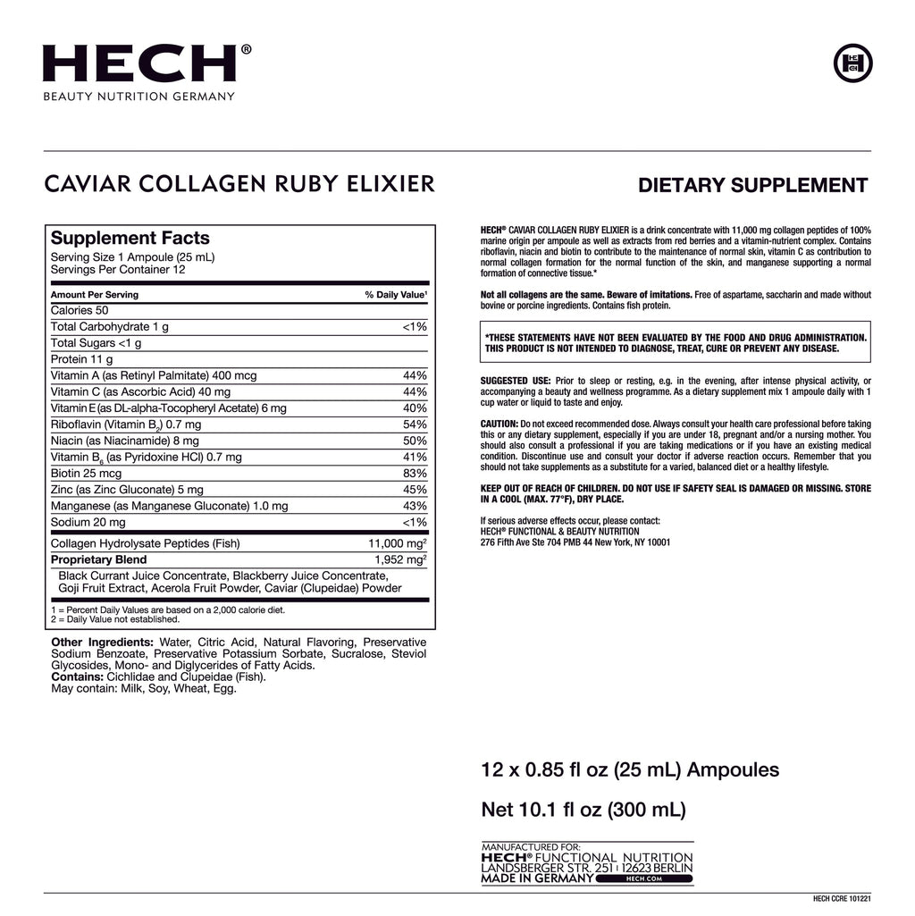 Supplement label for HECH Caviar Collagen Ruby Elixir dietary supplement.