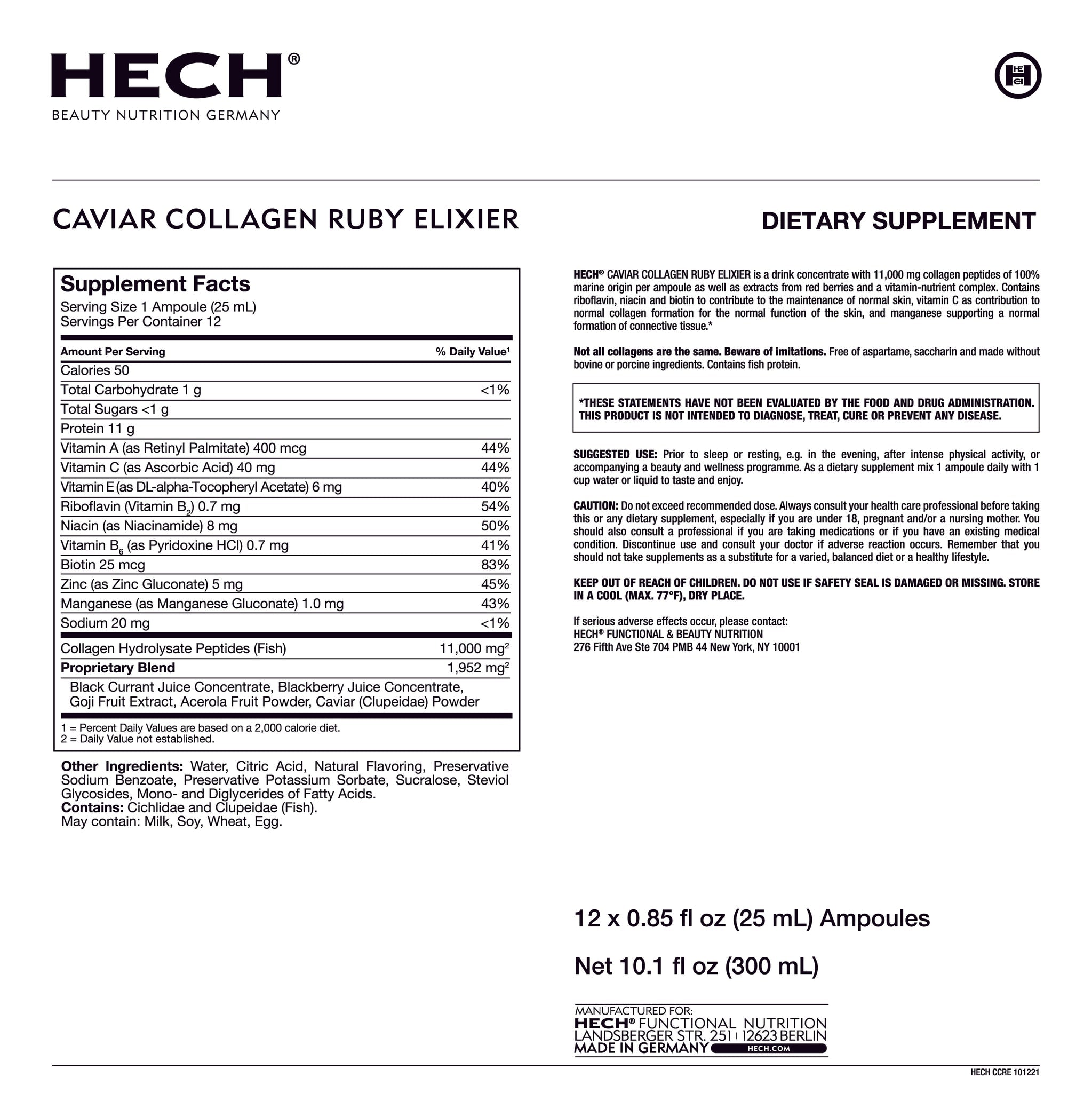 Supplement label for HECH Caviar Collagen Ruby Elixir dietary supplement.