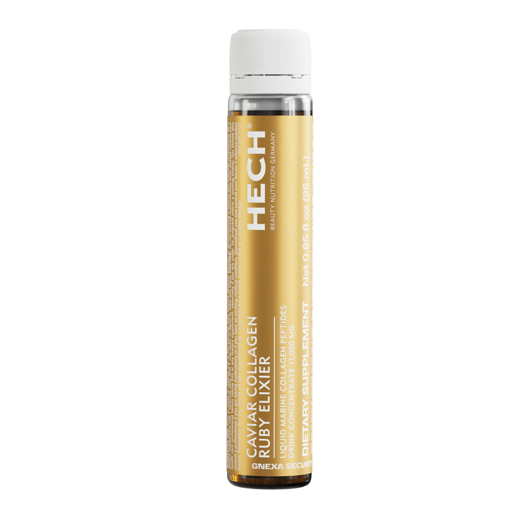 HECH Caviar Collagen Ruby Elixir presented in a luxury beauty ritual setting
