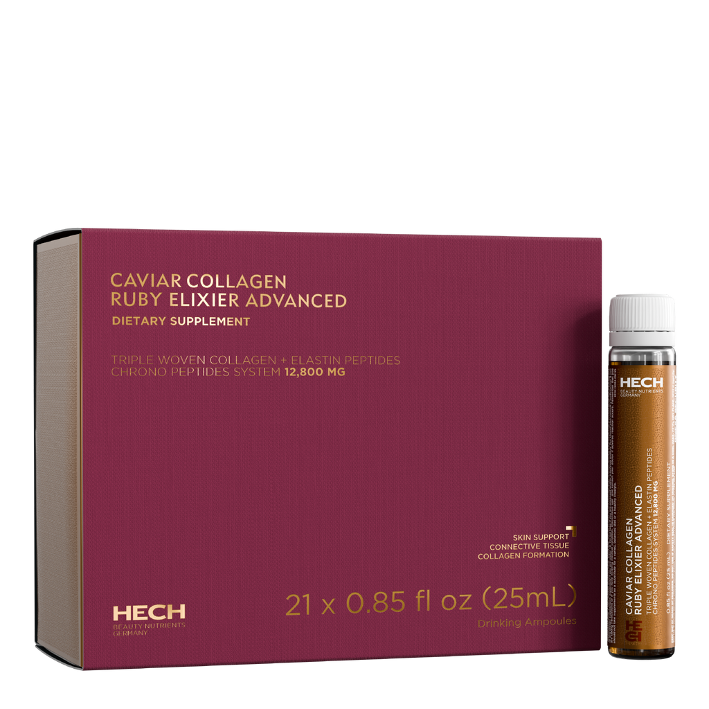 HECH Caviar Collagen Ruby Elixir Advanced marine collagen ampoules with luxury packaging