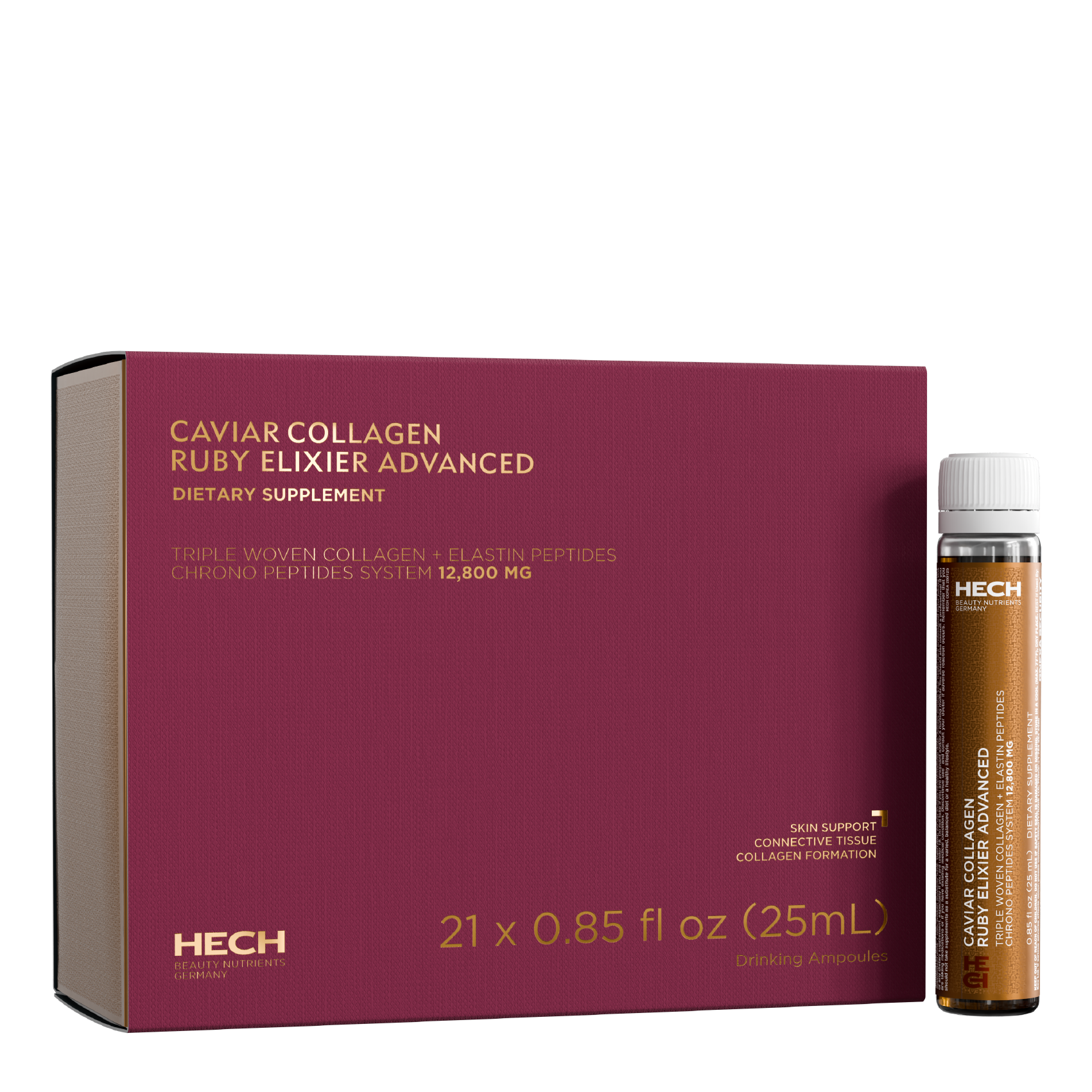 HECH Caviar Collagen Ruby Elixir Advanced marine collagen ampoules with luxury packaging