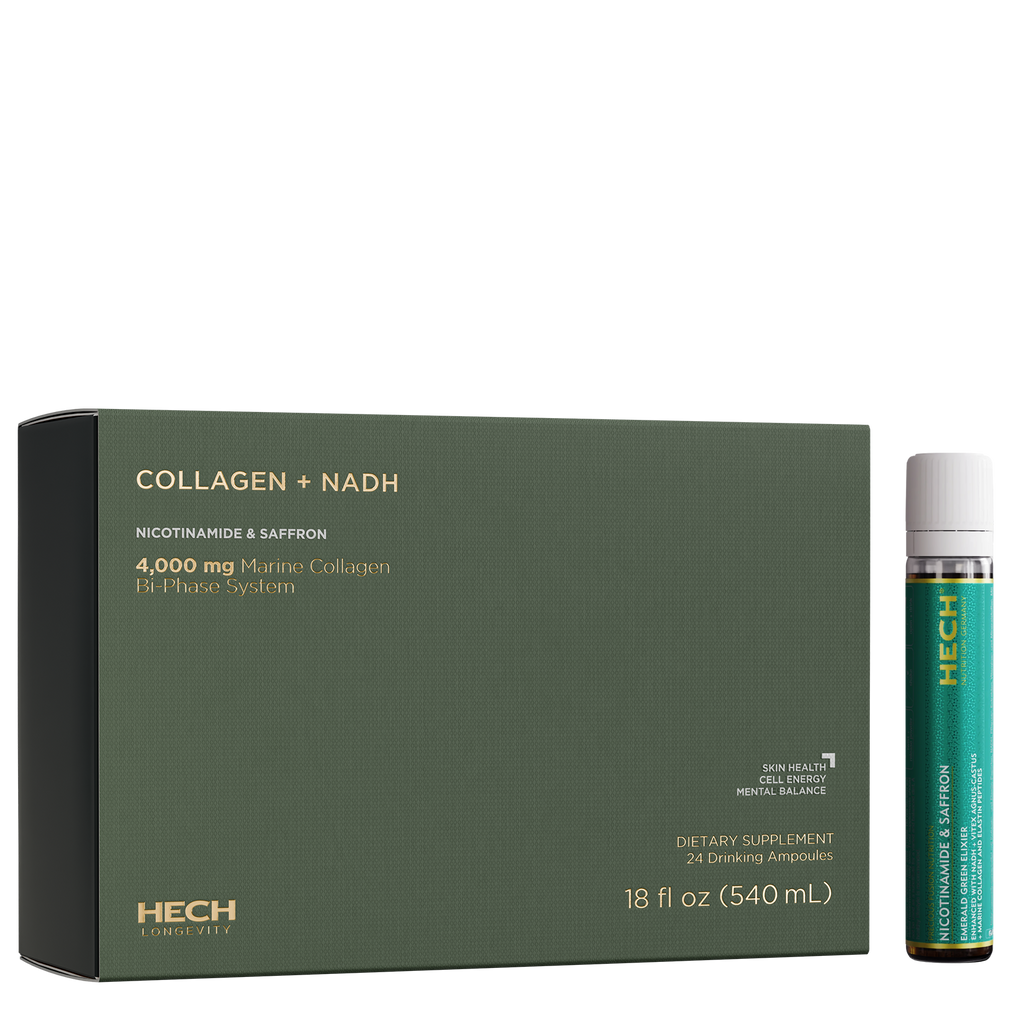 HECH Collagen + NADH supplement packaging with a dropper bottle on a white background