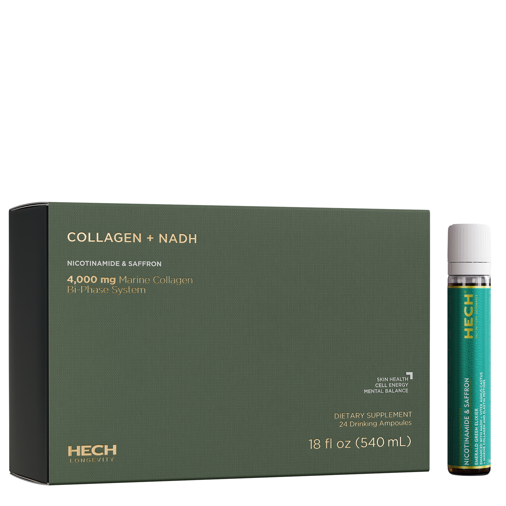 HECH Collagen + NADH supplement packaging with a dropper bottle on a white background