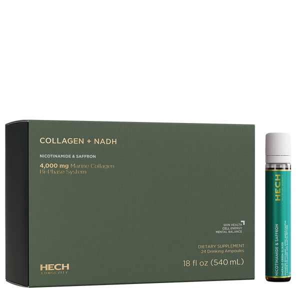 HECH Collagen + NADH supplement packaging with a dropper bottle on a white background