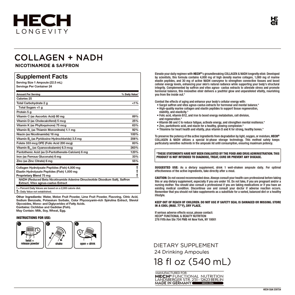 Supplement label for HECH Longevity Collagen + NADH dietary supplement.