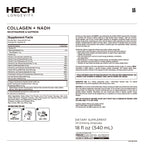 Supplement label for HECH Longevity Collagen + NADH dietary supplement.