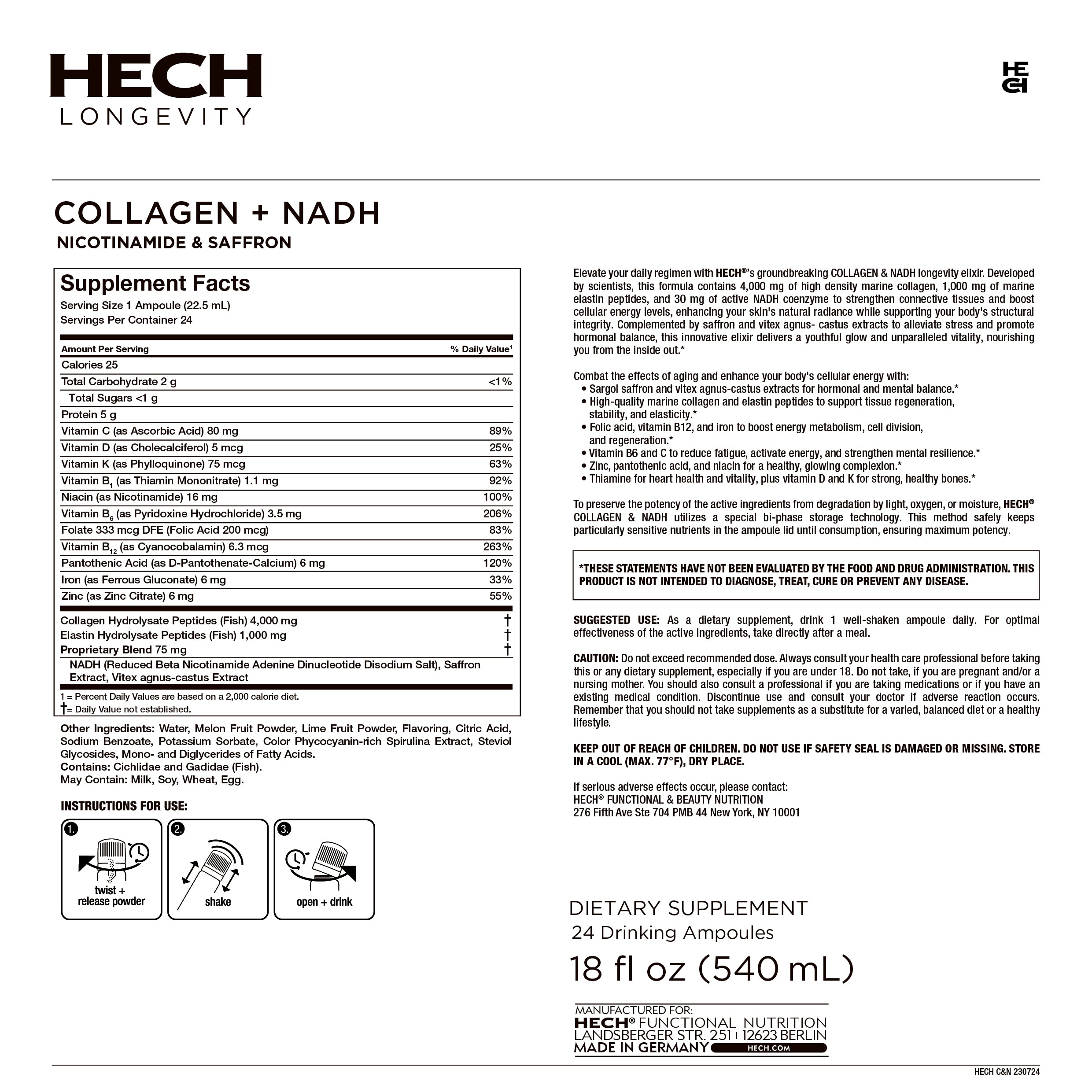 Supplement label for HECH Longevity Collagen + NADH dietary supplement.