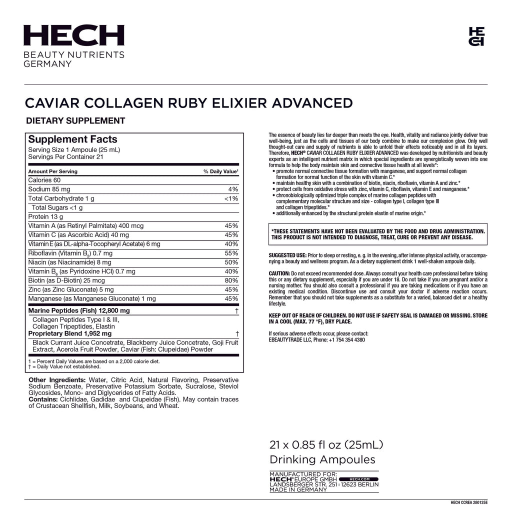 Supplement label for HECH Caviar Collagen Ruby Elixir Advanced dietary supplement.