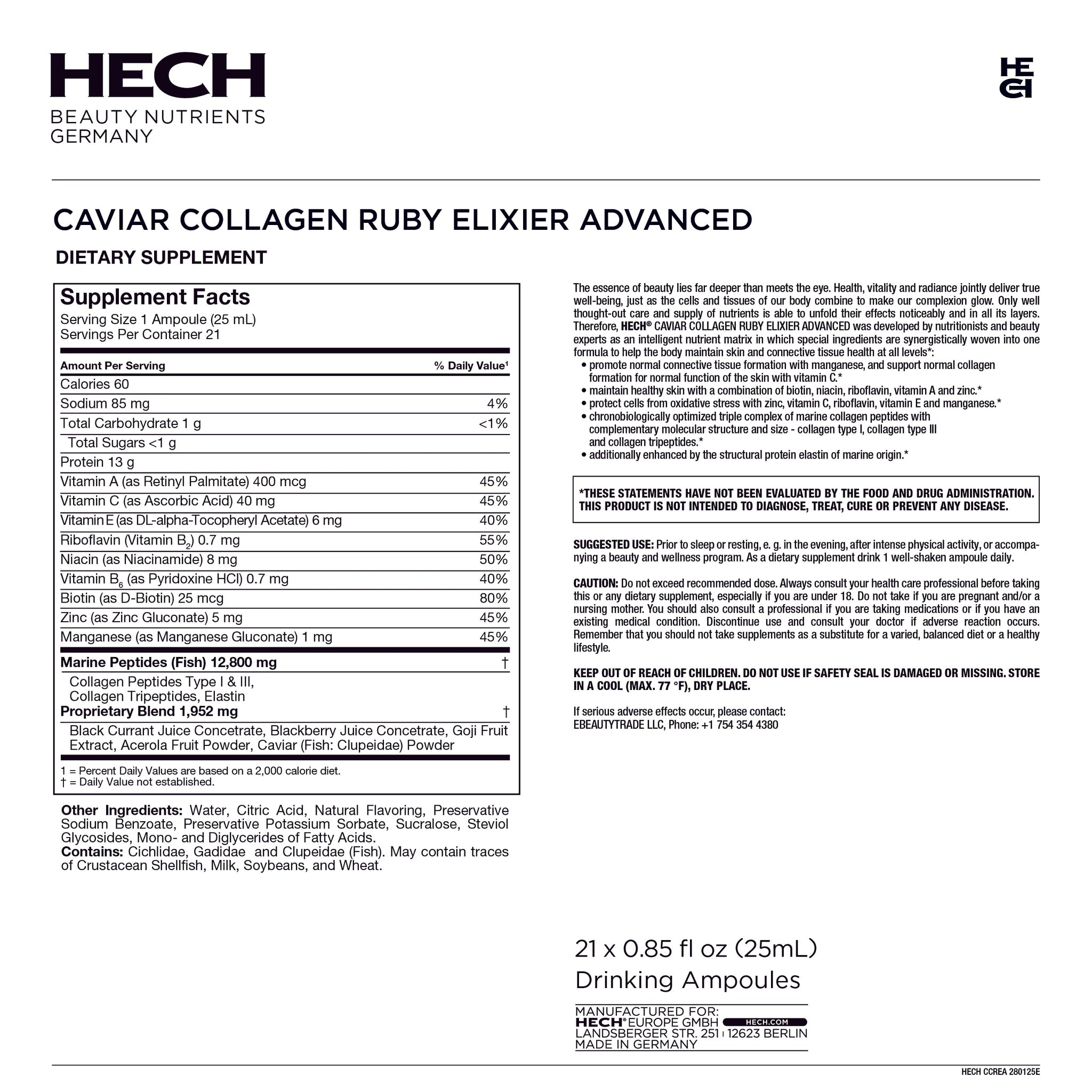 Supplement label for HECH Caviar Collagen Ruby Elixir Advanced dietary supplement.