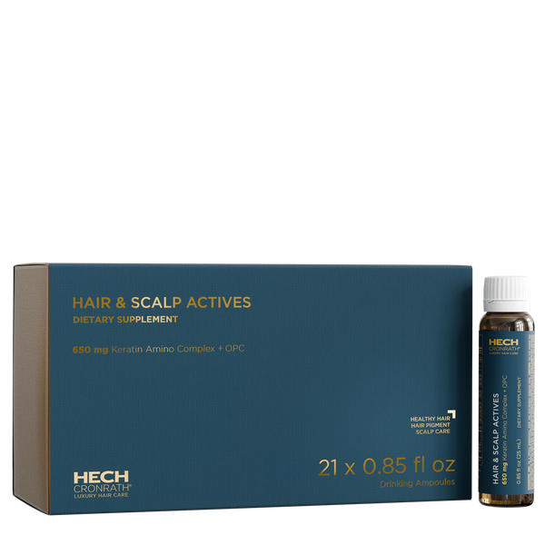 HECH Hair & Scalp Actives liquid hair supplement box and ampoule bottle